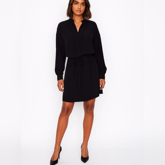Vince Dresses & Skirts - VINCE Sz 0 Black Button Front V Neck Drawstring Waist Long Sleeve Shirt Dress